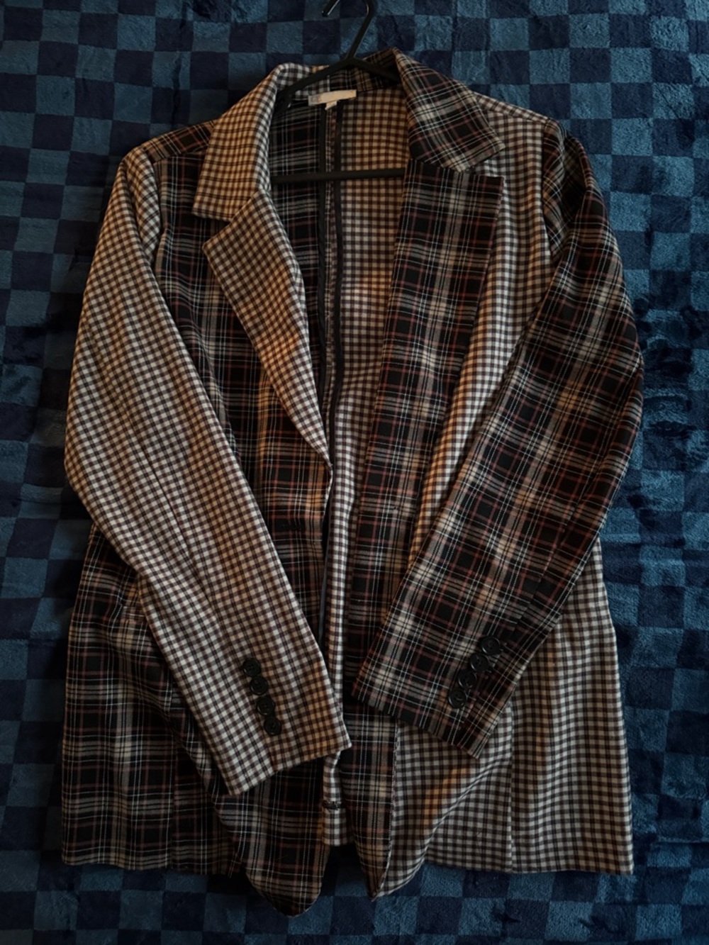 Plaid Mixed-Pattern Blazer Jacket - Black & Brown